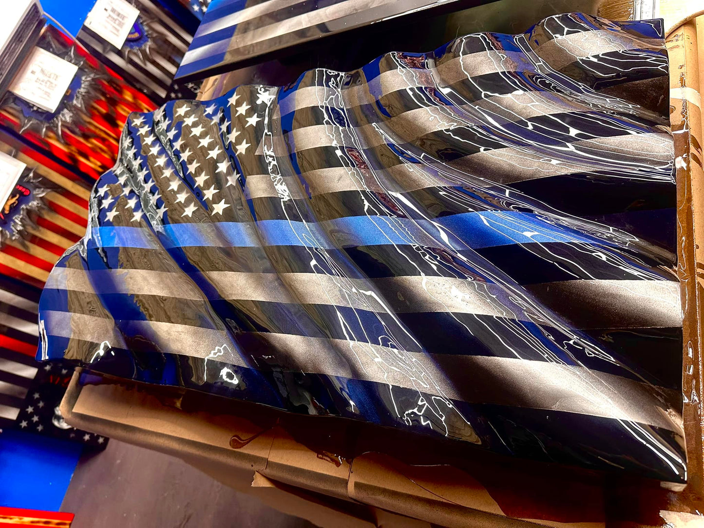 Midnight Thin Blue Line WAVY Wooden American Flag - Handmade, NO CNC, Made In America by an Army Veteran.