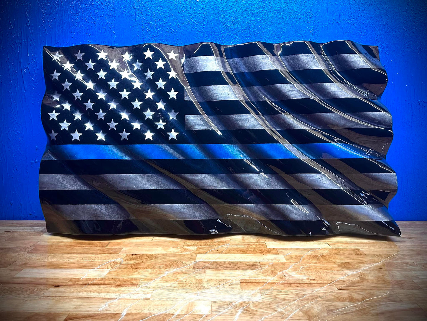 Midnight Thin Blue Line WAVY Wooden American Flag - Handmade, NO CNC, Made In America by an Army Veteran.
