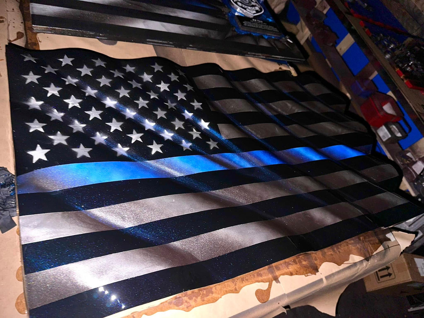 Midnight Thin Blue Line WAVY Wooden American Flag - Handmade, NO CNC, Made In America by an Army Veteran.