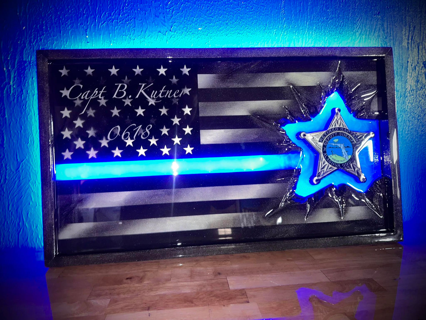 ILLUMINATED Lit Up Thin Blue Line Flag Customizable with LIGHTS! - Made to Order for Deputy, Chiefs, Sheriffs, Agents - By an Army Veteran