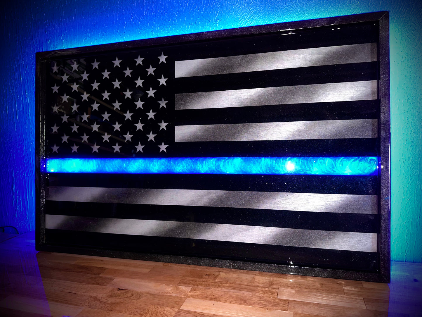 ILLUMINATED Midnight Thin Blue Line Series - Wooden Flag for Police Officers and LEO - Made to Order for Deputy, Chiefs, Sheriffs, Agents - By an Army Veteran