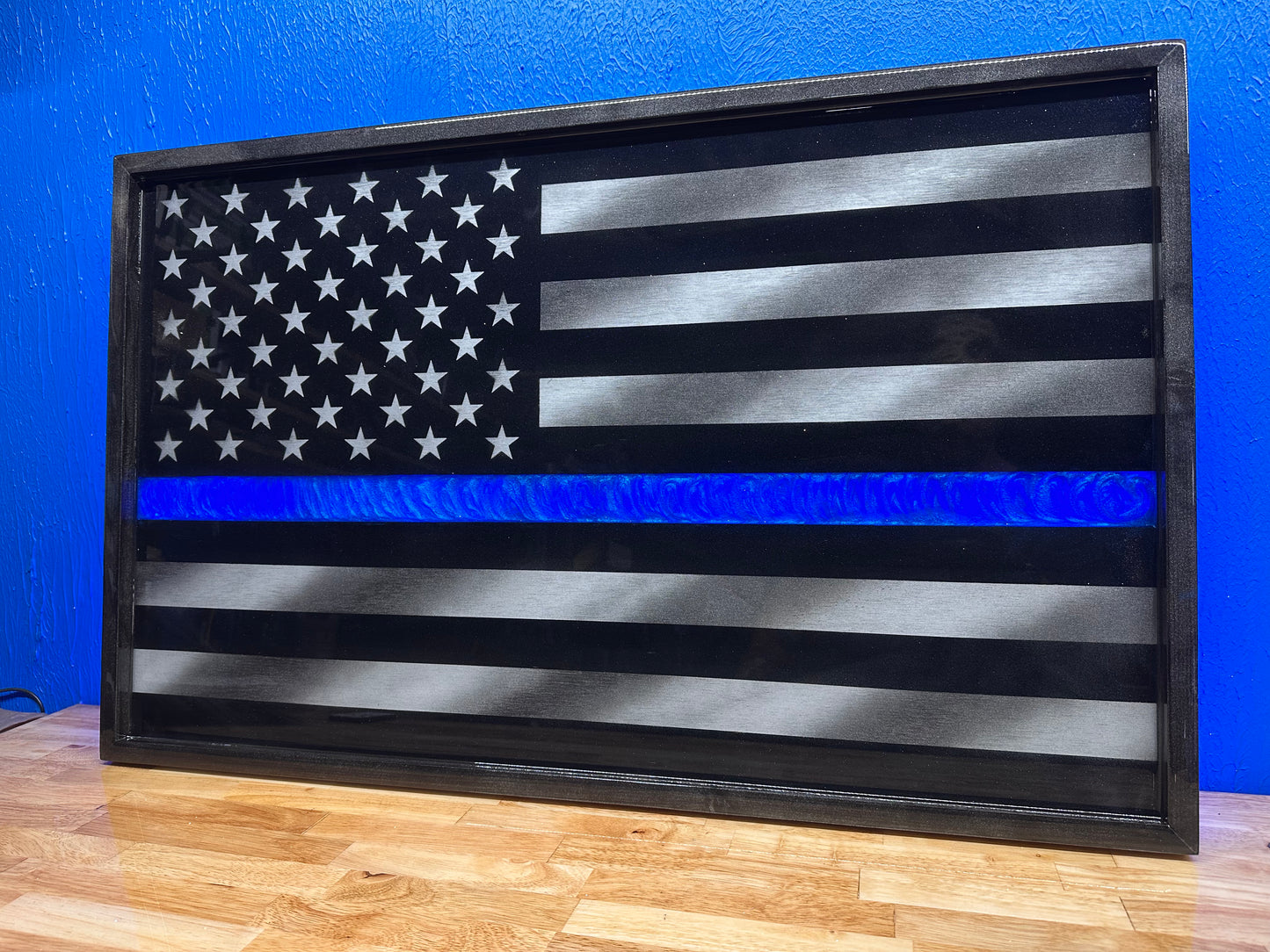 ILLUMINATED Midnight Thin Blue Line Series - Wooden Flag for Police Officers and LEO - Made to Order for Deputy, Chiefs, Sheriffs, Agents - By an Army Veteran
