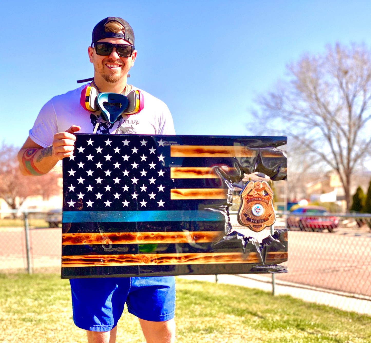 Thin Blue Line Patch Series - Wooden American Flag