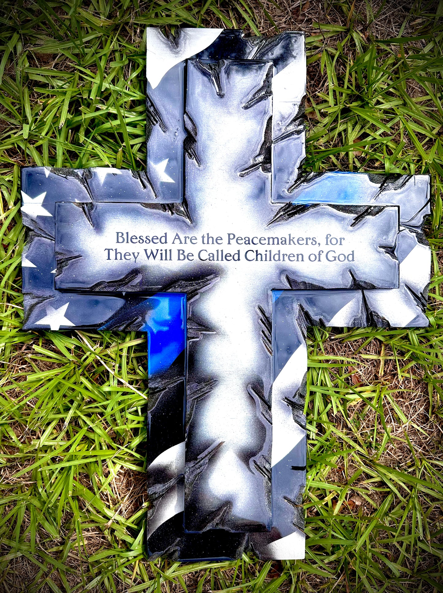 Thin Blue Line - Handmade American Flag Cross - With Verse