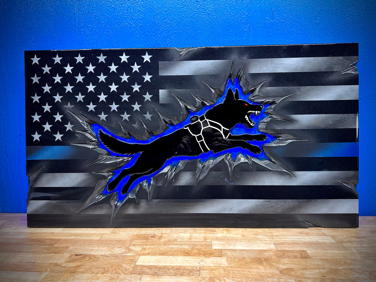 Midnight Thin Blue Line K9 Lunging Backlight Equipped Flag With Full Epoxy Finish