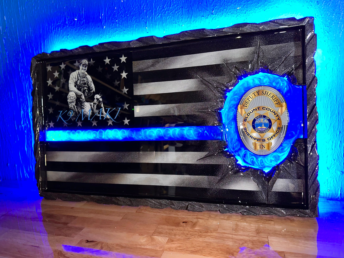 ILLUMINATED Lit Up Thin Blue Line Flag Customizable with LIGHTS! - Made to Order for Deputy, Chiefs, Sheriffs, Agents - By an Army Veteran