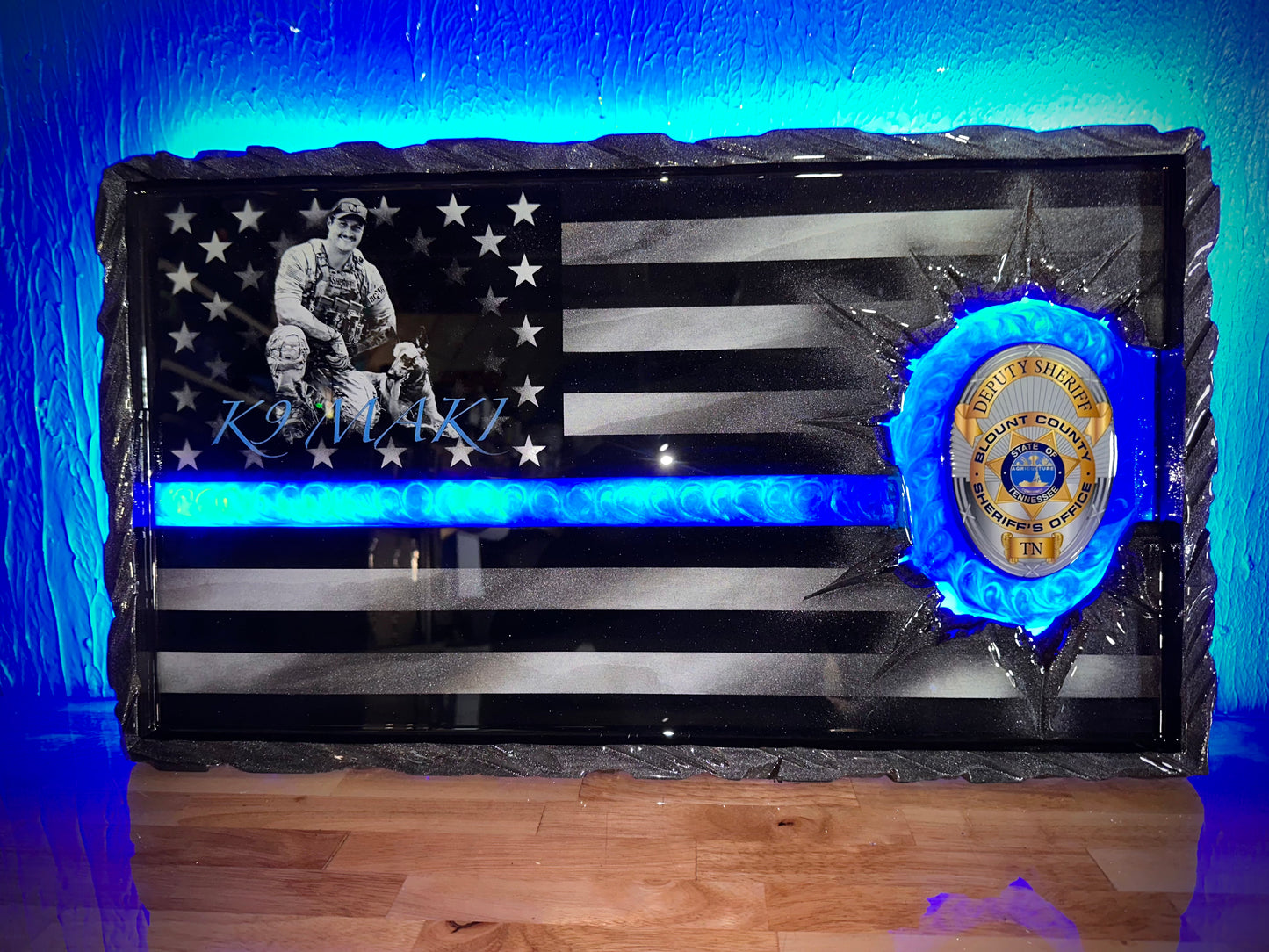 ILLUMINATED Lit Up Thin Blue Line Flag Customizable with LIGHTS! - Made to Order for Deputy, Chiefs, Sheriffs, Agents - By an Army Veteran