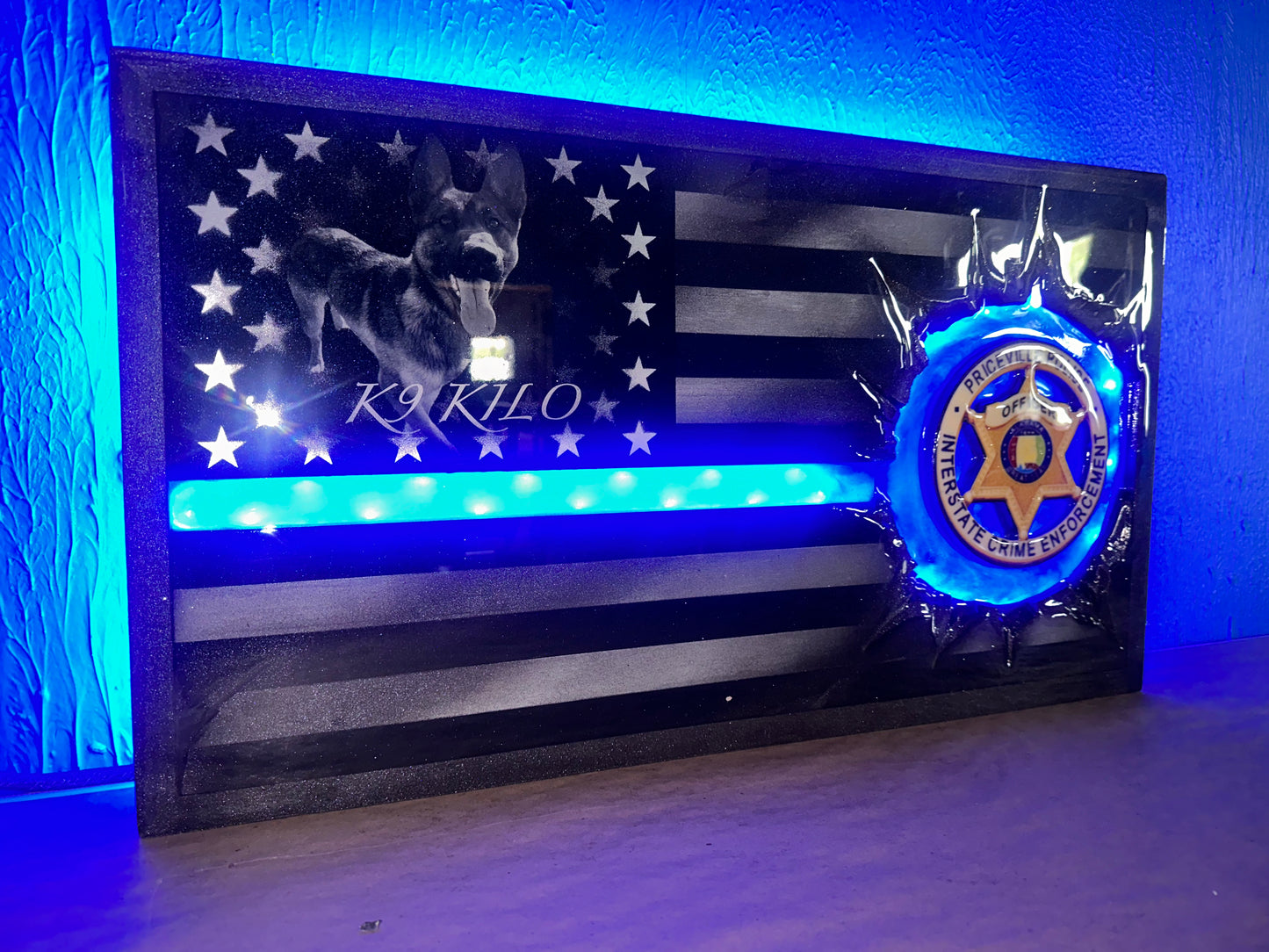 ILLUMINATED Lit Up Thin Blue Line Flag Customizable with LIGHTS! - Made to Order for Deputy, Chiefs, Sheriffs, Agents - By an Army Veteran
