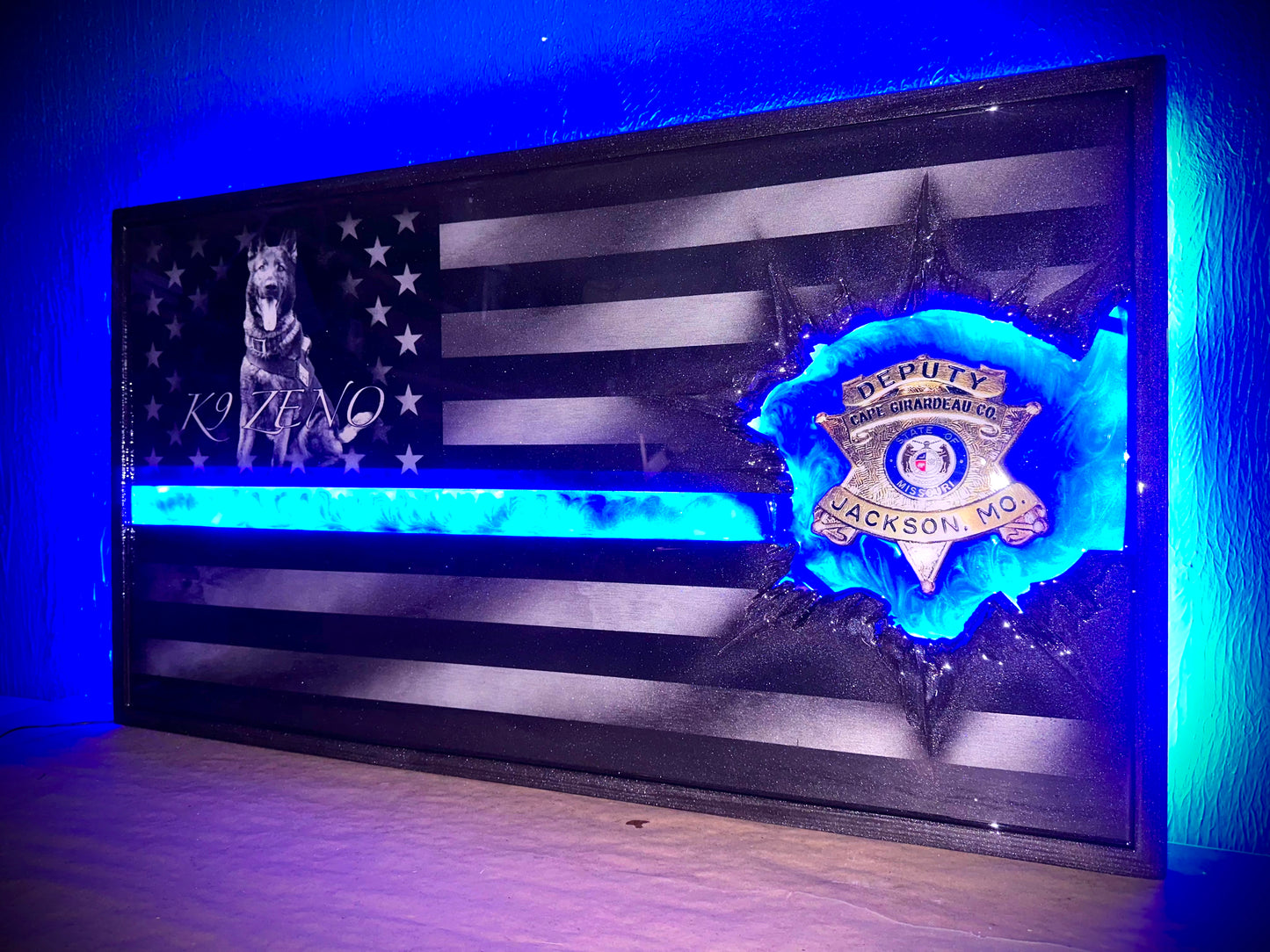 ILLUMINATED Lit Up Thin Blue Line Flag Customizable with LIGHTS! - Made to Order for Deputy, Chiefs, Sheriffs, Agents - By an Army Veteran