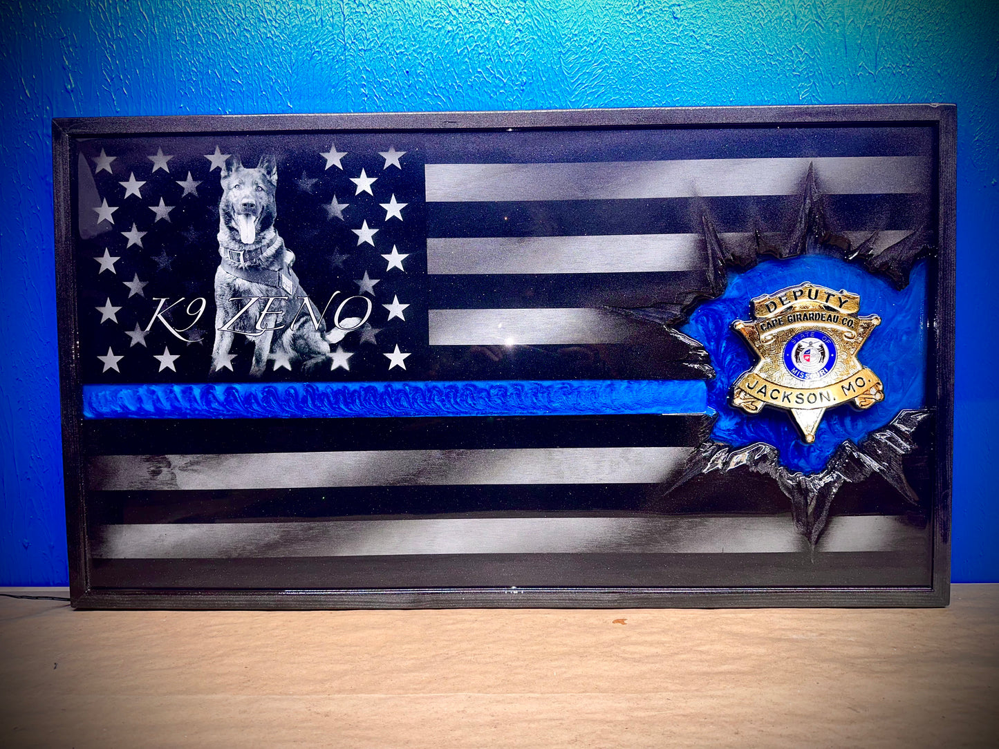 ILLUMINATED Lit Up Thin Blue Line Flag Customizable with LIGHTS! - Made to Order for Deputy, Chiefs, Sheriffs, Agents - By an Army Veteran