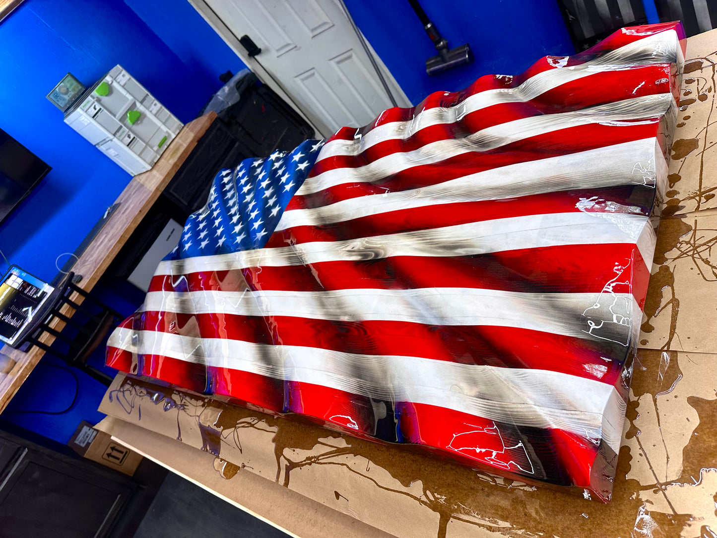 LIMITED 24" Size run - 5 SLOTS ONLY - WAVY Wooden American Flag - Handmade, NO CNC,