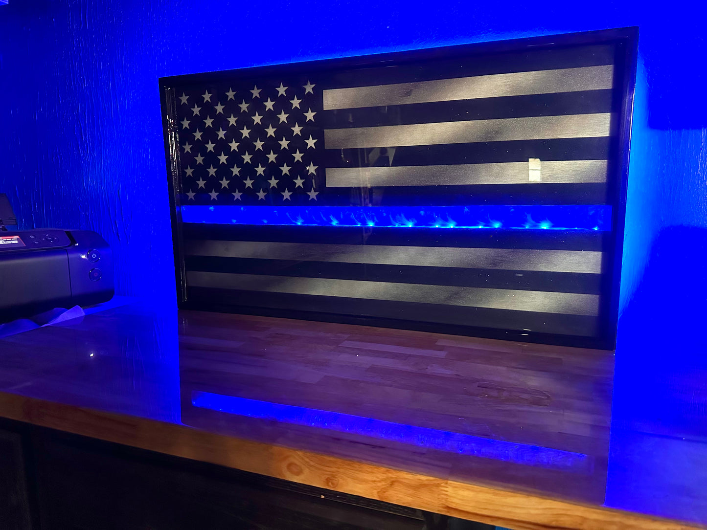 ILLUMINATED Midnight Thin Blue Line Series - Wooden Flag for Police Officers and LEO - Made to Order for Deputy, Chiefs, Sheriffs, Agents - By an Army Veteran