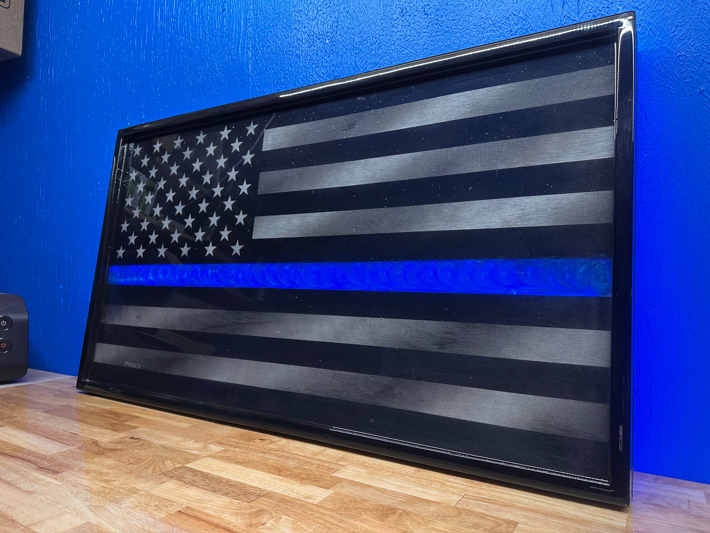 ILLUMINATED Midnight Thin Blue Line Series - Wooden Flag for Police Officers and LEO - Made to Order for Deputy, Chiefs, Sheriffs, Agents - By an Army Veteran