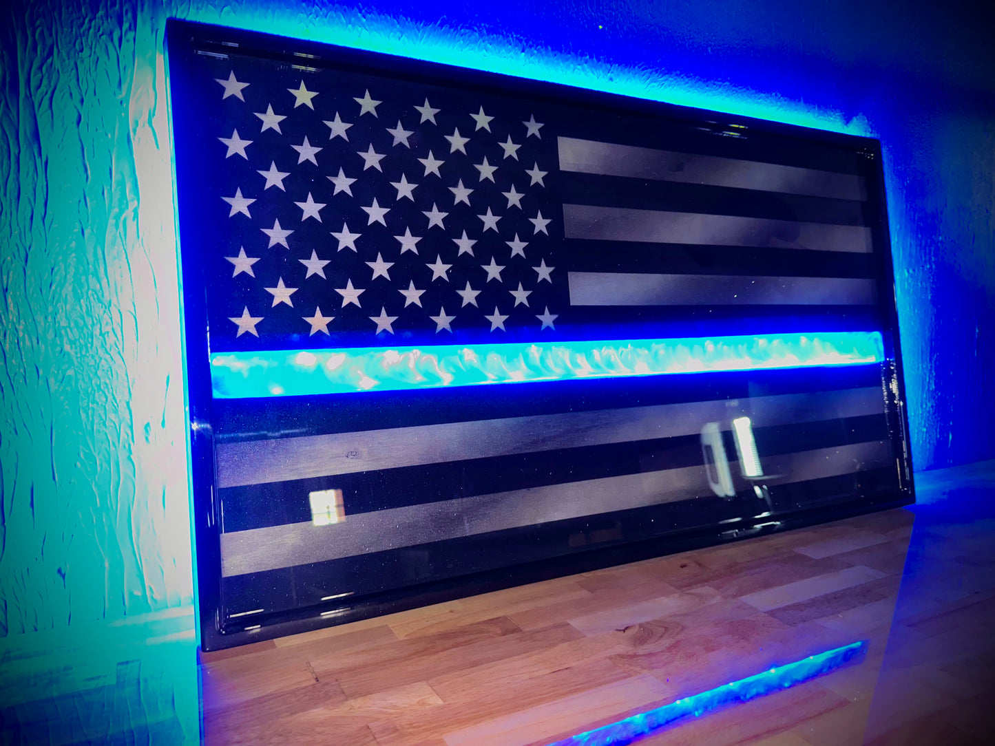 ILLUMINATED Midnight Thin Blue Line Series - Wooden Flag for Police Officers and LEO - Made to Order for Deputy, Chiefs, Sheriffs, Agents - By an Army Veteran