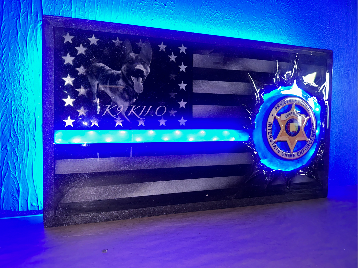 ILLUMINATED Lit Up Thin Blue Line Flag Customizable with LIGHTS! - Made to Order for Deputy, Chiefs, Sheriffs, Agents - By an Army Veteran
