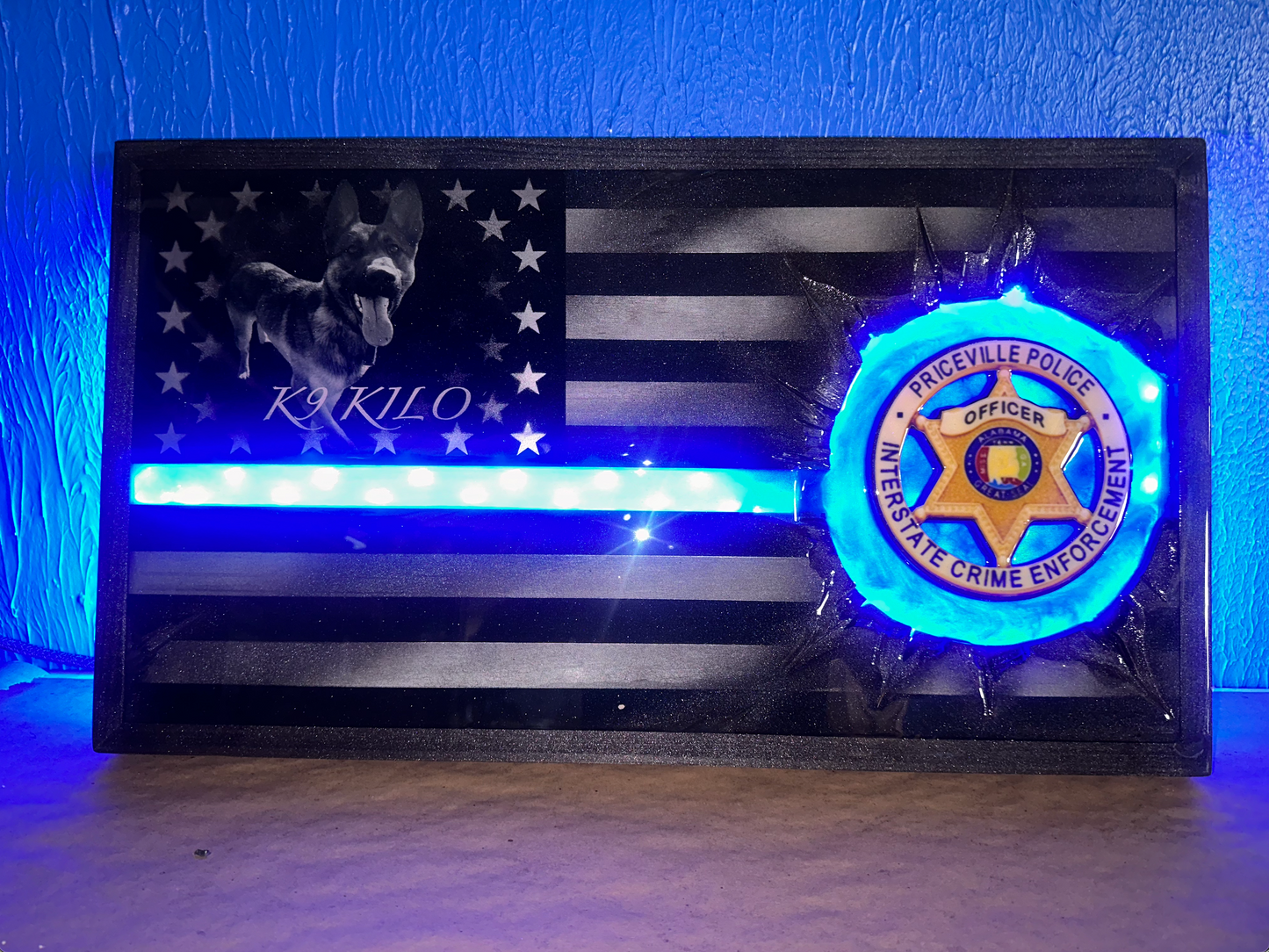 ILLUMINATED Lit Up Thin Blue Line Flag Customizable with LIGHTS! - Made to Order for Deputy, Chiefs, Sheriffs, Agents - By an Army Veteran