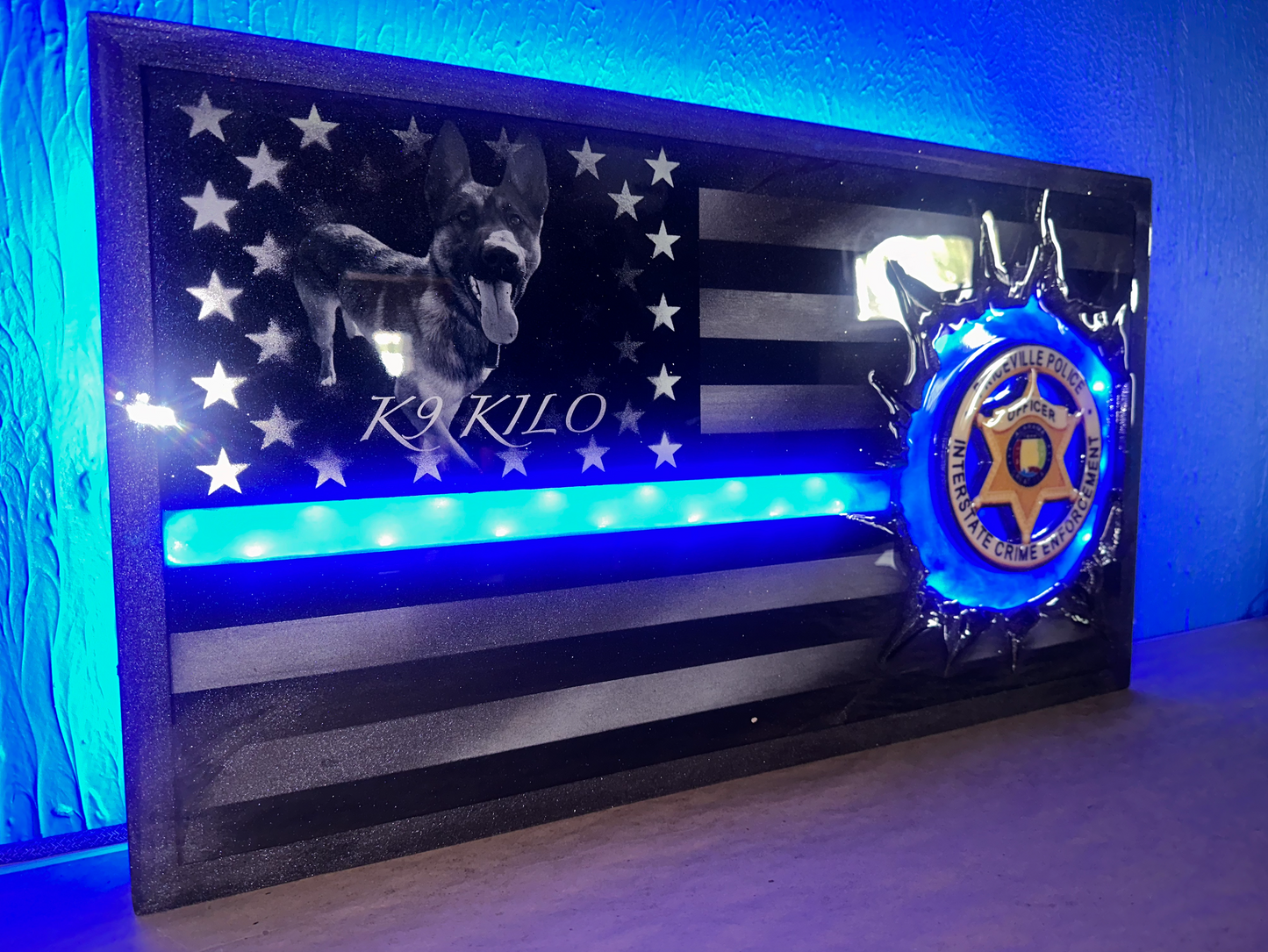 ILLUMINATED Lit Up Thin Blue Line Flag Customizable with LIGHTS! - Made to Order for Deputy, Chiefs, Sheriffs, Agents - By an Army Veteran
