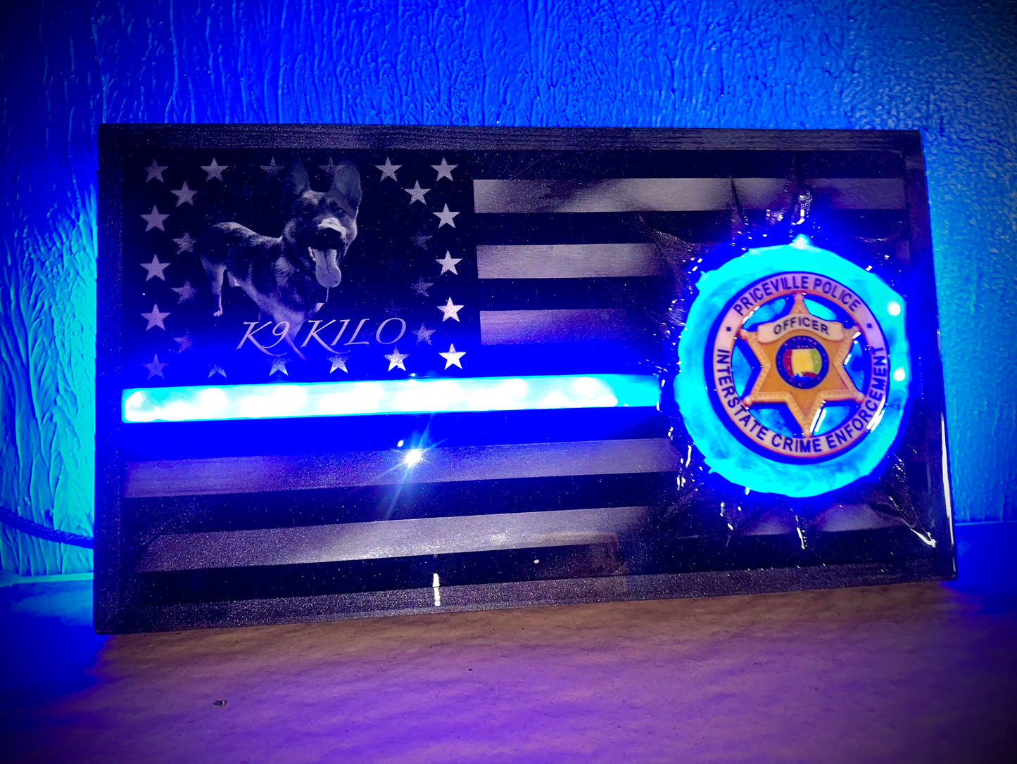 ILLUMINATED Lit Up Thin Blue Line Flag Customizable with LIGHTS! - Made to Order for Deputy, Chiefs, Sheriffs, Agents - By an Army Veteran