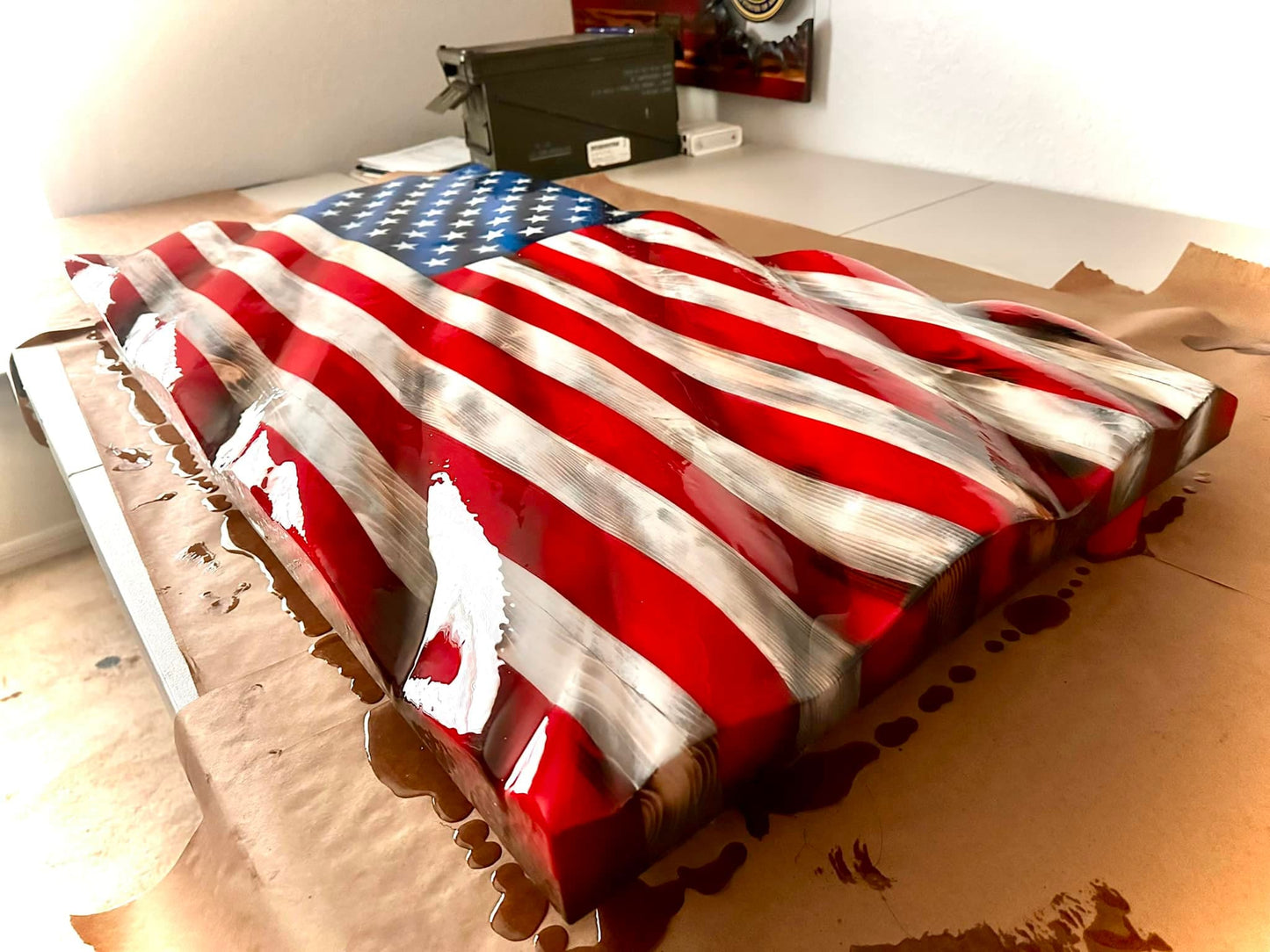 LIMITED 24" Size run - 5 SLOTS ONLY - WAVY Wooden American Flag - Handmade, NO CNC,