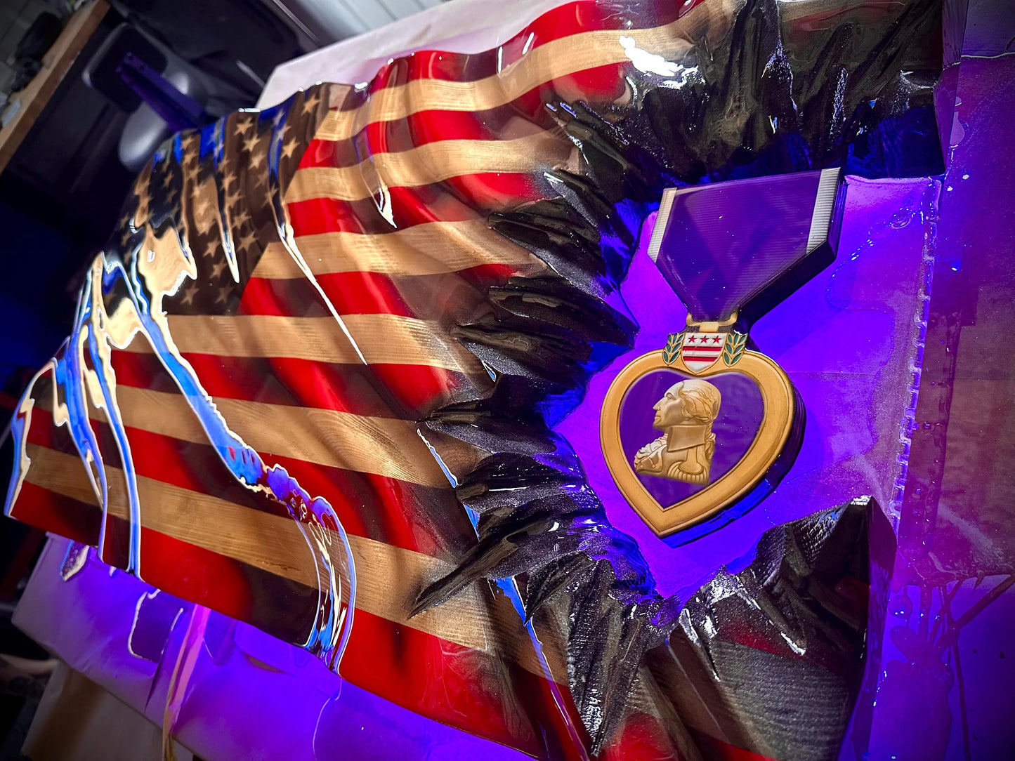 Revenant WAVY Purple Heart Patch Series - Wooden American Flag - Handmade, NO CNC, Made In America by an Army Veteran.