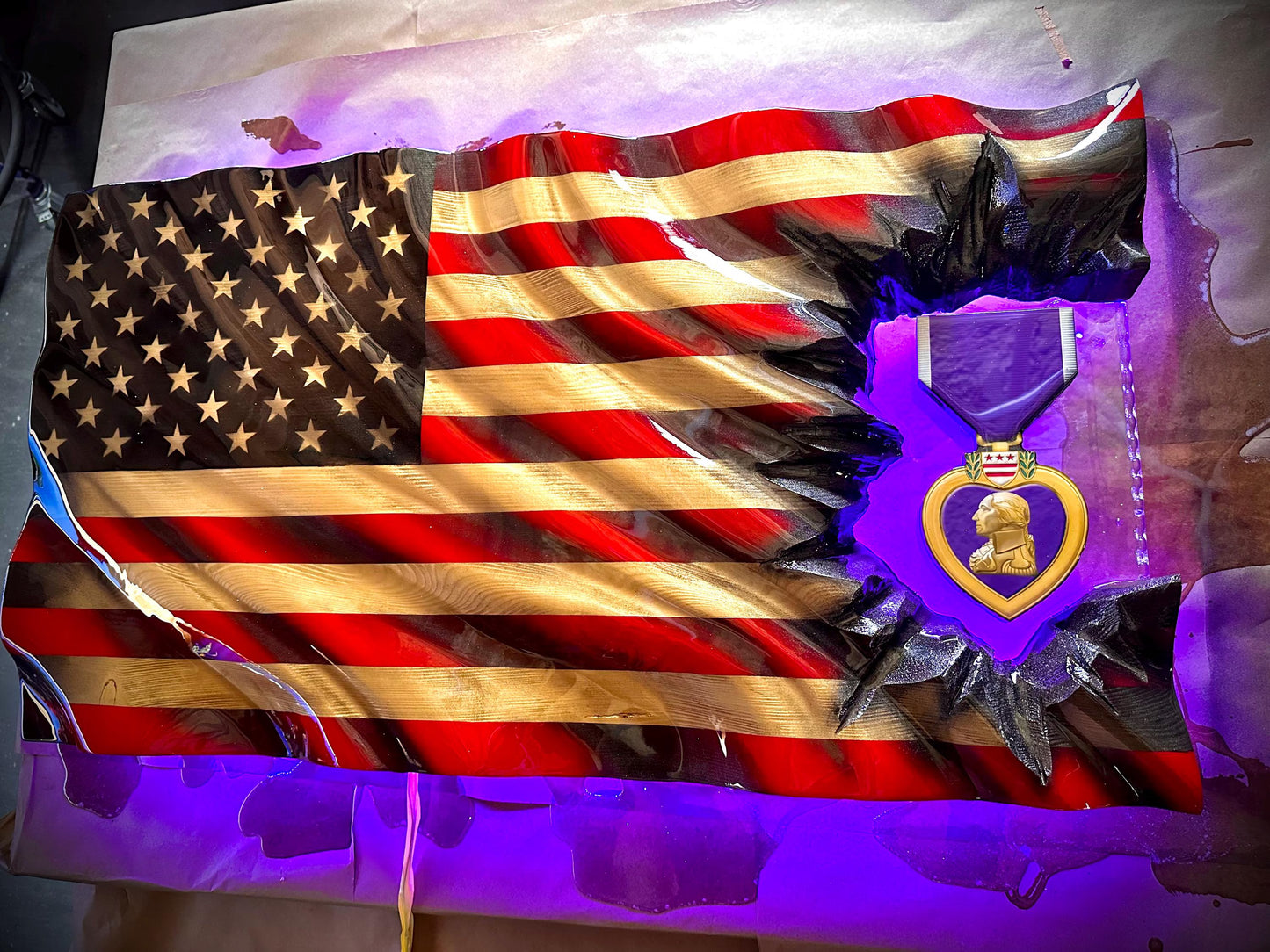 Revenant WAVY Purple Heart Patch Series - Wooden American Flag - Handmade, NO CNC, Made In America by an Army Veteran.