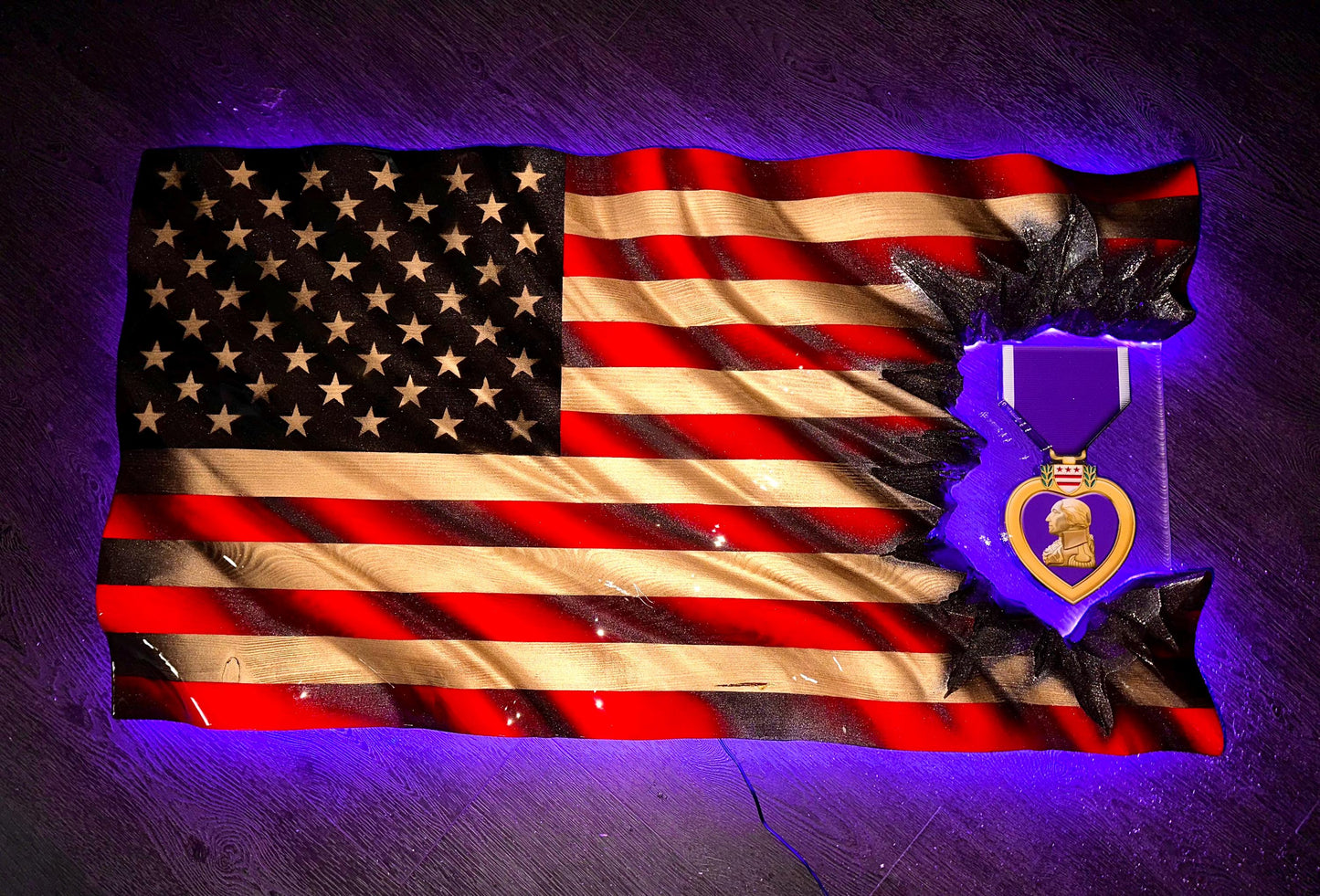 Revenant WAVY Purple Heart Patch Series - Wooden American Flag - Handmade, NO CNC, Made In America by an Army Veteran.
