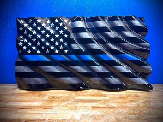 Midnight Thin Blue Line WAVY Wooden American Flag - Handmade, NO CNC, Made In America by an Army Veteran.