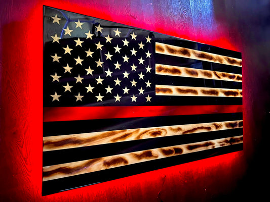 Black & Woodgrain Thin Red Line American Flag