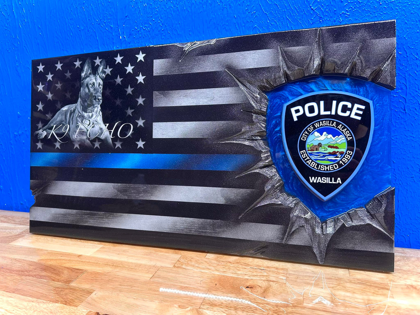 Police K9 Midnight Thin Blue Line Flag Patch Series : Photo Faded In Union