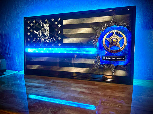 ILLUMINATED Lit Up Thin Blue Line Flag Customizable with LIGHTS! - Made to Order for Deputy, Chiefs, Sheriffs, Agents - By an Army Veteran