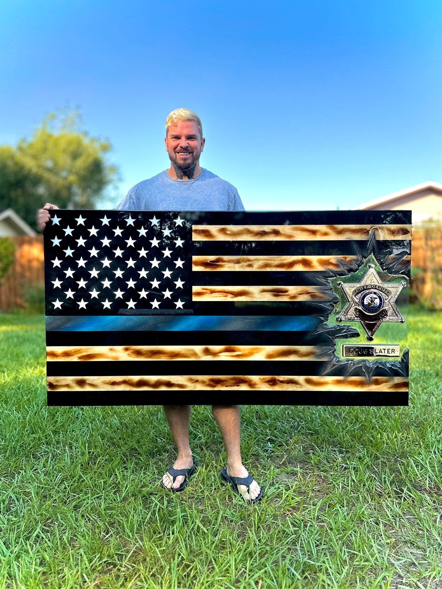 Black & Woodgrain Thin Blue Line Patch Series - Wooden American Flag