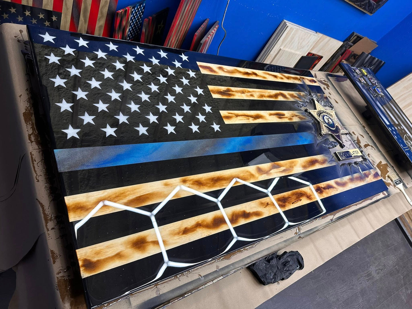 Black & Woodgrain Thin Blue Line Patch Series - Wooden American Flag