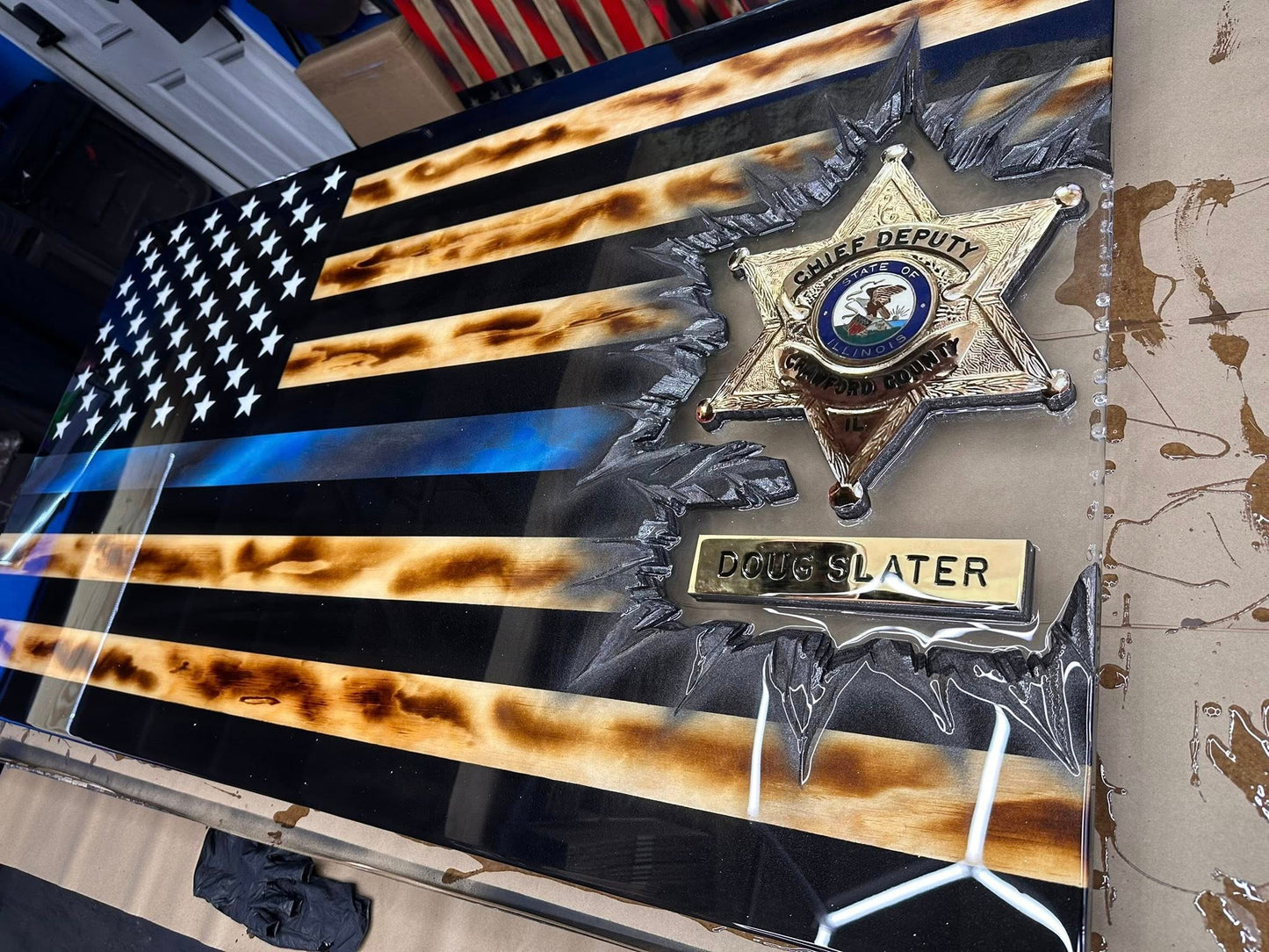 Black & Woodgrain Thin Blue Line Patch Series - Wooden American Flag