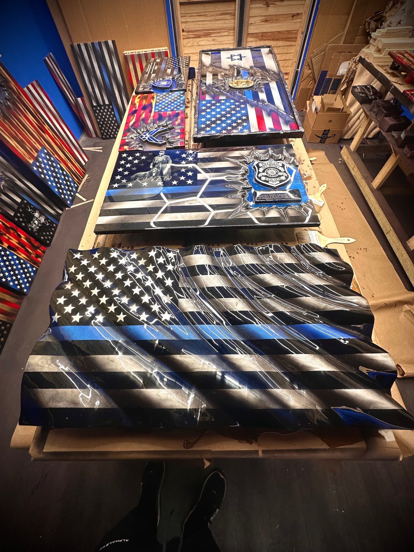 Midnight Thin Blue Line WAVY Wooden American Flag - Handmade, NO CNC, Made In America by an Army Veteran. (Copy)
