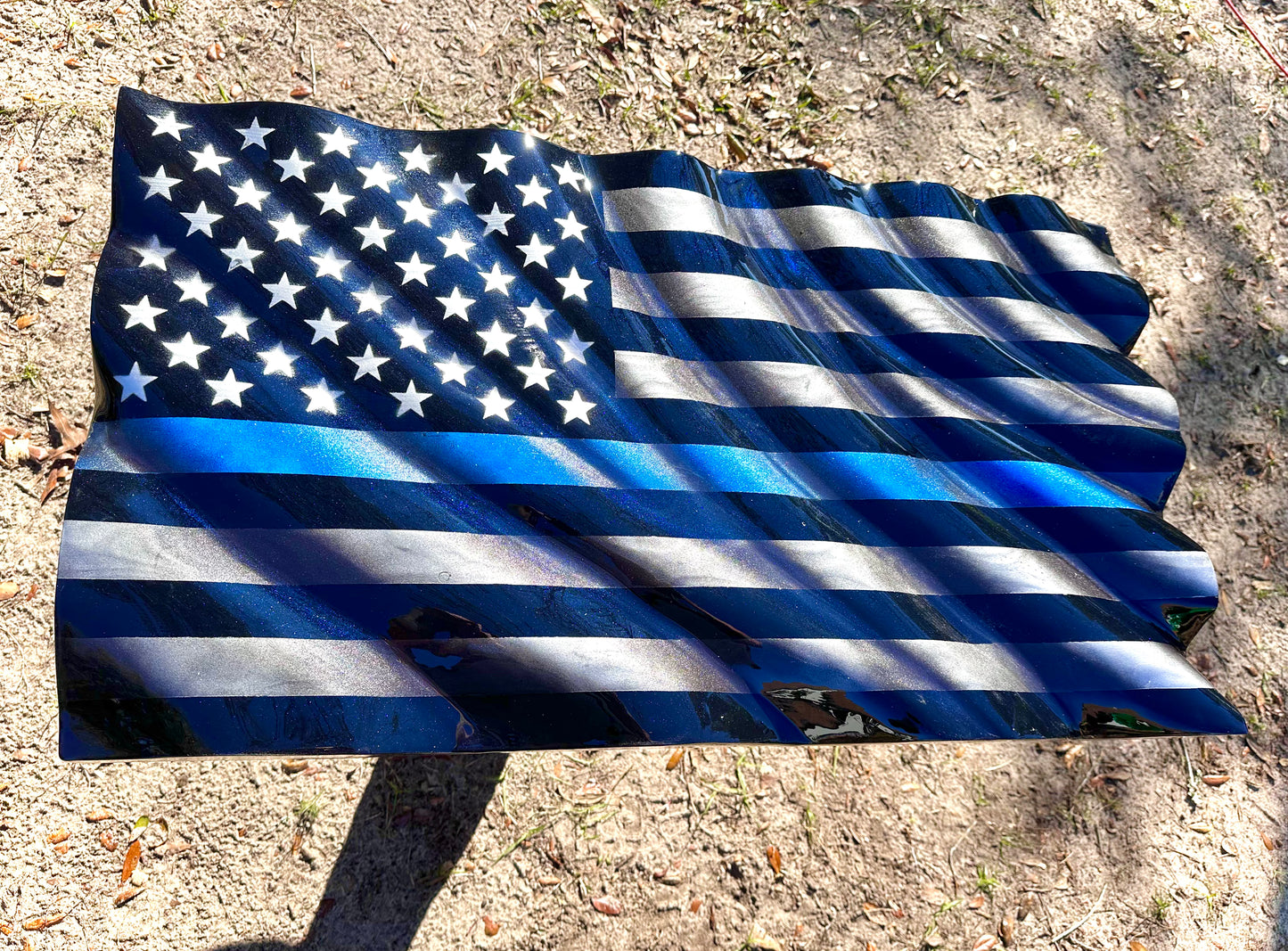 Midnight Thin Blue Line WAVY Wooden American Flag - Handmade, NO CNC, Made In America by an Army Veteran. (Copy)