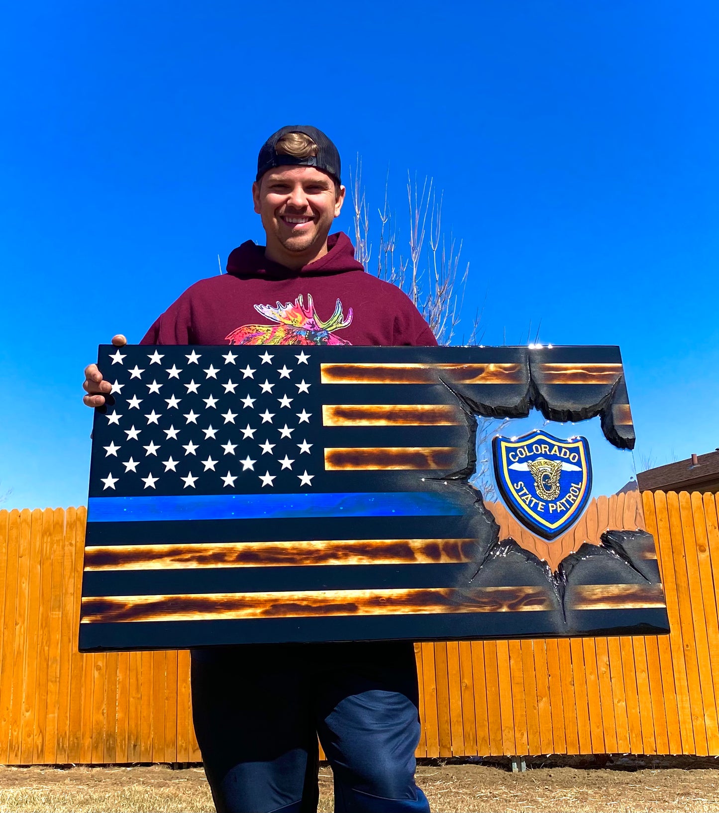 Thin Blue Line Patch Series - Wooden American Flag