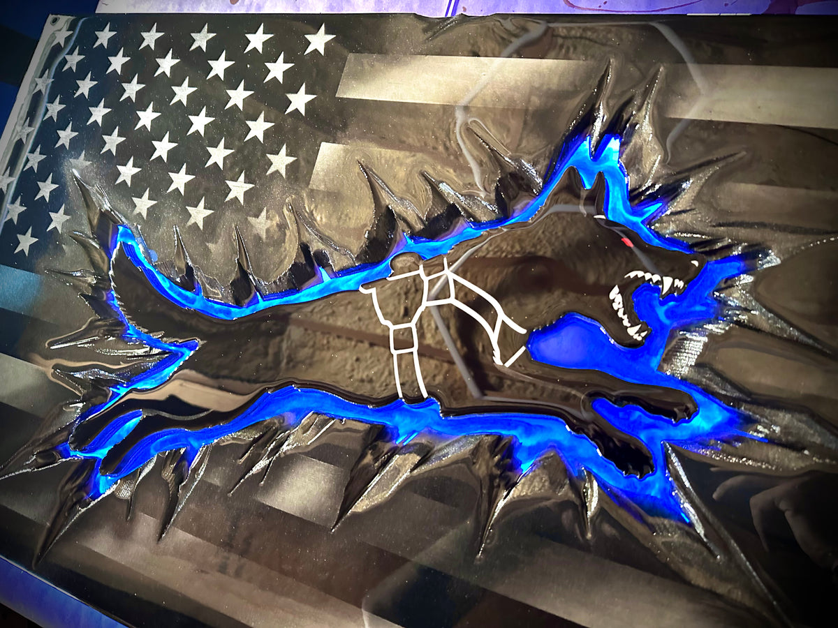 Midnight Thin Blue Line K9 Lunging Backlight Equipped Flag With Full Epoxy Finish