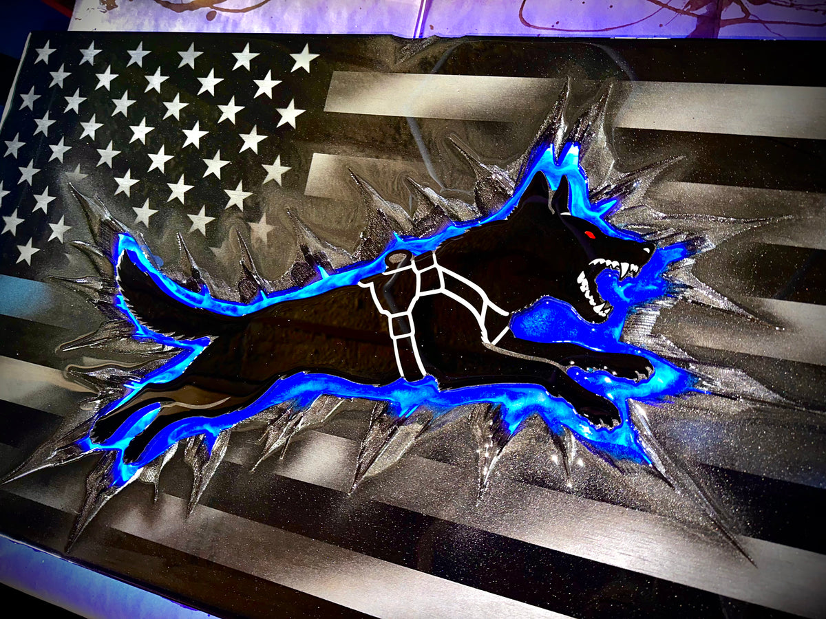 Midnight Thin Blue Line K9 Lunging Backlight Equipped Flag With Full Epoxy Finish