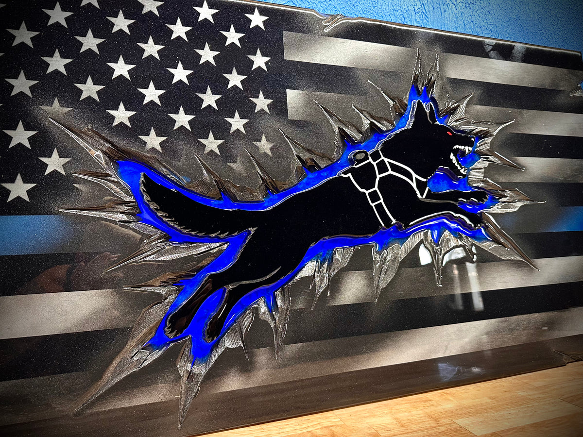 Midnight Thin Blue Line K9 Lunging Backlight Equipped Flag With Full Epoxy Finish