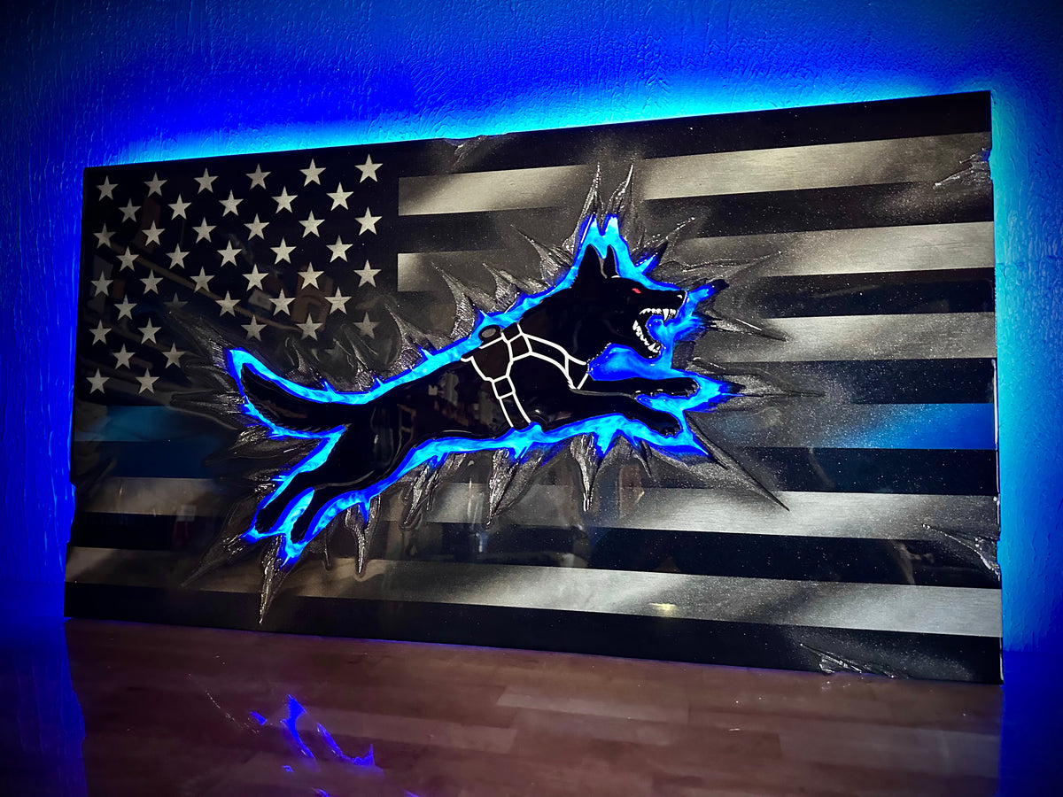 Midnight Thin Blue Line K9 Lunging Backlight Equipped Flag With Full Epoxy Finish