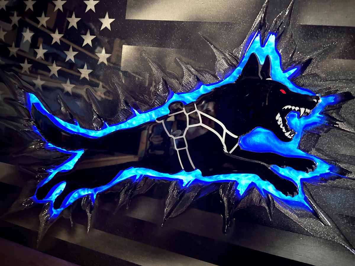 Midnight Thin Blue Line K9 Lunging Backlight Equipped Flag With Full Epoxy Finish