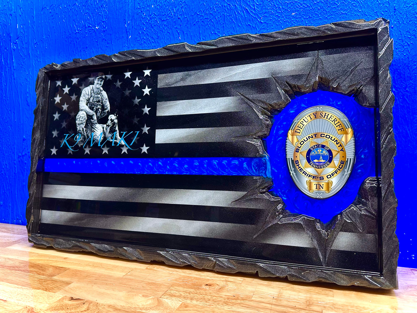 ILLUMINATED Lit Up Thin Blue Line Flag Customizable with LIGHTS! - Made to Order for Deputy, Chiefs, Sheriffs, Agents - By an Army Veteran