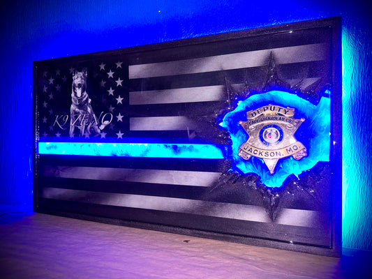 ILLUMINATED Lit Up Thin Blue Line Flag Customizable with LIGHTS! - Made to Order for Deputy, Chiefs, Sheriffs, Agents - By an Army Veteran