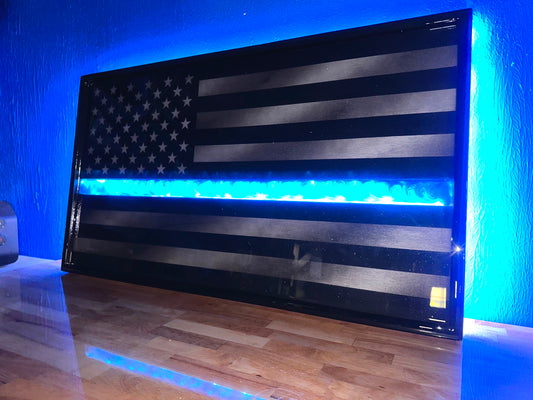 ILLUMINATED Midnight Thin Blue Line Series - Wooden Flag for Police Officers and LEO - Made to Order for Deputy, Chiefs, Sheriffs, Agents - By an Army Veteran