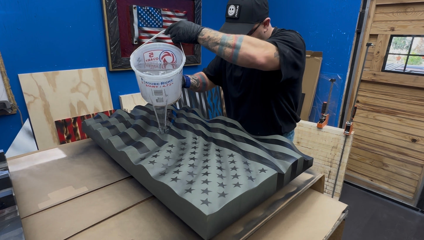 OD Green & Black WAVY Wooden American Flag - Handmade, NO CNC, Made In America by an Army Veteran.